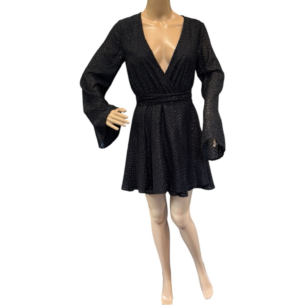 L'ACADEMIE The Wrap Mini Dress in Black Fringe Revlon Size XS Black Shimmery